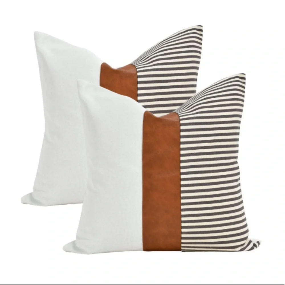 Luxury Home | Rustic Farmhouse Grey Striped Faux Leather Throw Pillow Covers